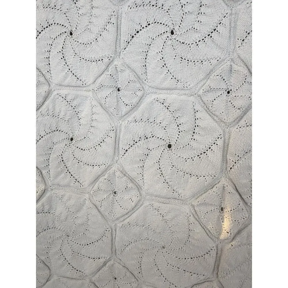 Handmade Knit Cream 100% COTTON blanket Coastal Textured Boho Pinwheel